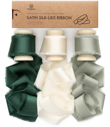 Vitalizart Satin Schleifenband Dunkelgrün & Creme & Staubgrün 2,5 cm x 13,7 m Hölzerne Spule, Handgefertigtes Ausgefranstes Geschenkband für Geschenk Verpacken Hochzeit Brautsträuße Urlaub Dekor von Vitalizart