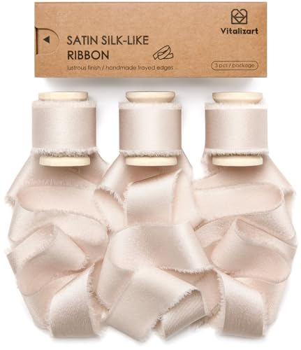 Vitalizart Satin Schleifenband Helles Nude 2,5 cm x 13,7 m Hölzerne Spule, Handgefertigtes Ausgefranstes Geschenkband für Geschenk Verpacken Hochzeit Brautsträuße Urlaub Dekor von Vitalizart
