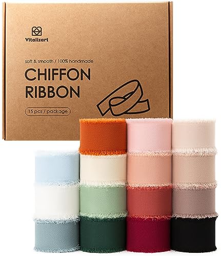 Vitalizart Schleifenband 2,5 cm x 68 m, 15 Farben Gemischt Geschenkband Chiffonband Fransenstoffband für Hochzeitseinladung, Brautstrauß, Dekoration, Geschenkverpackung, Schleifenherstellung von Vitalizart