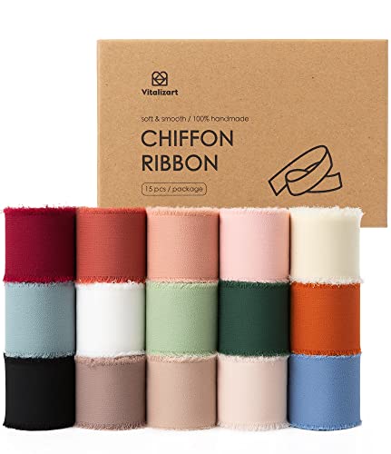 Vitalizart Schleifenband Gemischt 15 Farben 3,8 cm x 68,5 m Geschenkband Breit Hochzeit Chiffonband Stoffband für Hochzeitseinladungen, Brautsträuße, Geschenke, Verpackungen, DIY-Kunsthandwerk von Vitalizart