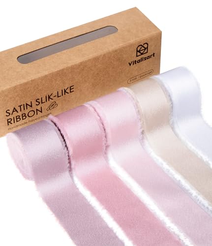 Vitalizart Schleifenband Rosa & Weiß 2,5 cm x 22,9 m (5 Rollen*4,57 m), Handgefertigtes Luxus-Geschenkband für Geschenkverpackungen, Hochzeit Brautsträuße, Festival Dekoration von Vitalizart