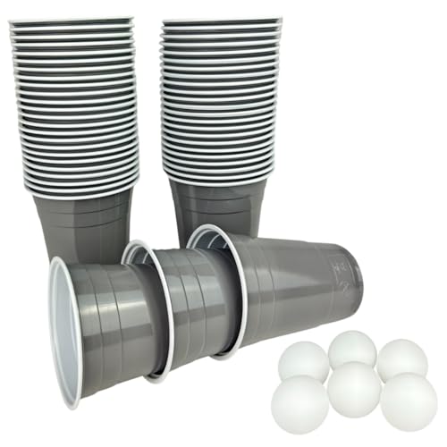 Plastikbecher in grau mit 6 Bällen - graues Partybecher Set - 50 Trinkbecher (473 ml) in grau + 6 Ping Pong Bälle von Vitavalley