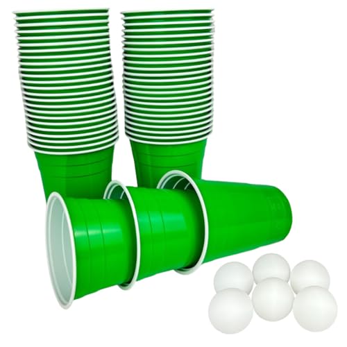 Plastikbecher in grün mit 6 Bällen - grünes Partybecher Set - 50 Premium Trinkbecher (473 ml) in grün + 6 Ping Pong Bälle von Vitavalley