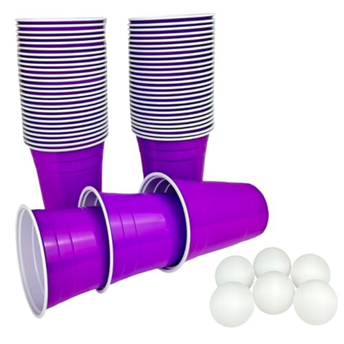 Plastikbecher in lila mit 6 Bällen - lila Partybecher Set - 50 Premium Trinkbecher (473 ml) in lila + 6 Ping Pong Bälle von Vitavalley