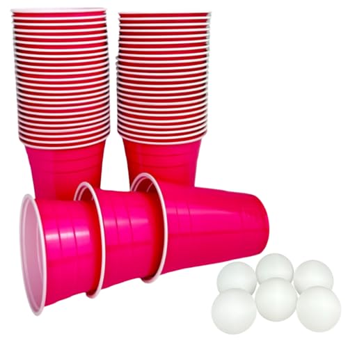 Plastikbecher in pink mit 6 Bällen - pinkes Partybecher Set - 50 Premium Trinkbecher (473 ml) in pink + 6 Ping Pong Bälle von Vitavalley