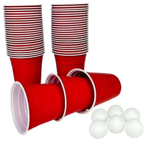 Plastikbecher in rot mit 6 Bällen - rotes Partybecher Set - 50 Premium Trinkbecher (473 ml) in rot + 6 Ping Pong Bälle von Vitavalley