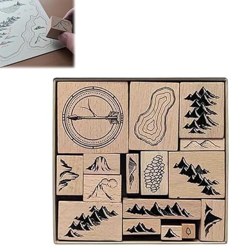 Handmade Map Making Stamp Kit,16 Pieces Vintage Wooden Rubber Stamps,Map Making Stamp Kit,Rubber Stamps for Card Making,Gift Cards DIY Scrapbook,DIY Craft Wooden Rubber Stamps (1 pcs) von Vitrywei
