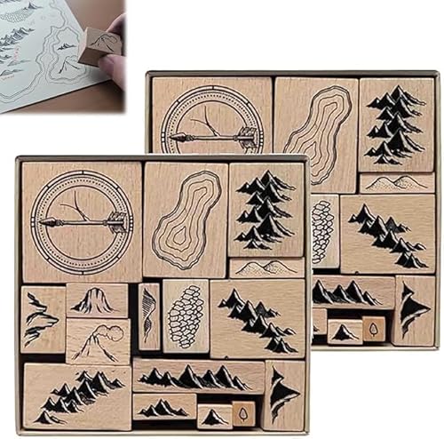 Handmade Map Making Stamp Kit,16 Pieces Vintage Wooden Rubber Stamps,Map Making Stamp Kit,Rubber Stamps for Card Making,Gift Cards DIY Scrapbook,DIY Craft Wooden Rubber Stamps (2 pcs) von Vitrywei