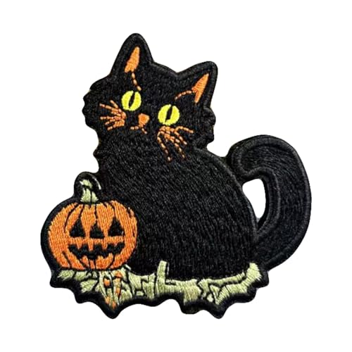 Katze mit Kürbis Stickerei-Aufnäher, Halloween, schwarze Katze, Klettverschluss, Moral, taktisches Abzeichen, dekorativer Aufnäher zum Aufnähen für Kleidung, Kleid, Hut, Rucksäcke von Viusneun