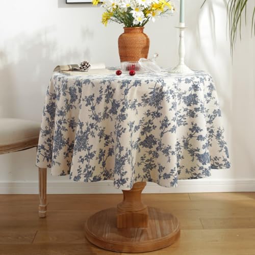 Viusneun Tischdecke, Waschbar Rund Tischtuch Baumwolle und Leinen Tischdeko Blauer Druck Tischdecken für Küche Garten Partys Outdoor und Camping (Durchmesser 90cm) von Viusneun
