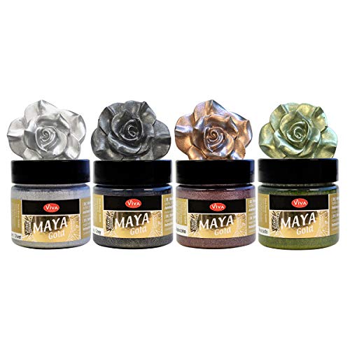 Viva Decor Maya Gold Set Cool Elegance, 4-teilig (4 Farben à 45 ml) glänzende Metallic Farben zum Basteln - Acrylfarben Metallic für Holz, Pappe, Beton, Papier, Leinwand - Made in Germany von Viva Decor