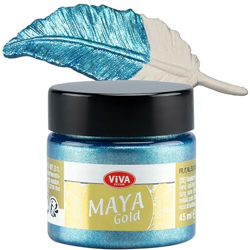 Viva Decor Maya Gold 45ml (Eisblau) - Metallic-Acrylfarbe für kreative Werke auf Holz, Glas und Porzellan. Stoßfest, wischfest und wetterfest für glänzende Metall- / Metallic Effekte von Viva Decor