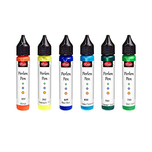 Viva Decor Perlen Pen 6 x 28 ml (Set Holiday Feeling) Waschmaschinenfeste, formstabile Stoffmalfarbe für Linien & Punkte. 3D Liner Pearl Pen Textilstifte T-Shirt Marker Perlenstift Stofffarbe von Viva Decor