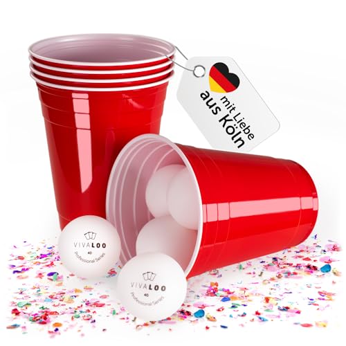 Vivaloo 100 Partybecher wiederverwendbar + 12 Bälle - Original American Red Cups Trinkbecher - Getränkebecher spülmaschinenfest - rote Party Plastikbecher - Festival Zubehör - Festival Gadget von Vivaloo
