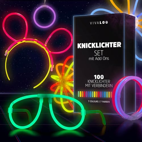 Vivaloo 100er, 200er Set Knicklichter - 7 Farben, Festival Ausrüstung, Party Deko, Neon-Leuchtstäbe (100er Set + Zubehör) von Vivaloo