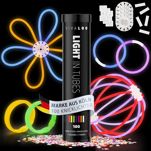 Vivaloo 200 Knicklichter Party Set 7 Farben inkl. Verbinder - Leuchtstäbe mit Verbinder für Leuchtarmbände, Party Brillen, Bälle usw. - Party Deko & Festival Zubehör - Party Lichter Neon - Deko Party von Vivaloo
