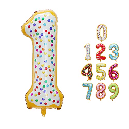 Luftballon Zahlen 1 Happy Birthday Party Deko, mit Donut Eis Motiv, Schweben mit Helium für Geburstagdeko Jubiläum, 40 Zoll 100cm aus Folie, Vivi Idee von Vivi Idee