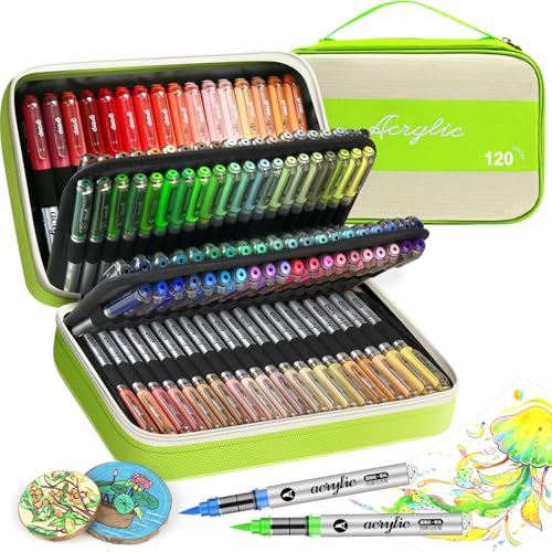 VividHues 120 colors Acrylstifte Set – Brush Tip Acrylmarker für Steine, Holz, Glas, Keramik, Metall, Leinwand – Acryl Paint Marker, Schnell trocknend, Ungiftig, Ideal für DIY und Basteln (Grün) von VividHues