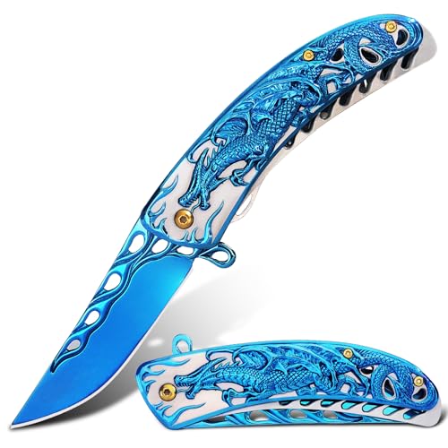 Vividstill Drache Klappmesser für Männer, cool Taschenmesser mit 3D Drache Titanplattiert Prägen Reliefgravur, gute Geschenk Edc Messer für Männer Outdoor Überleben Camping (Blau) von Vividstill