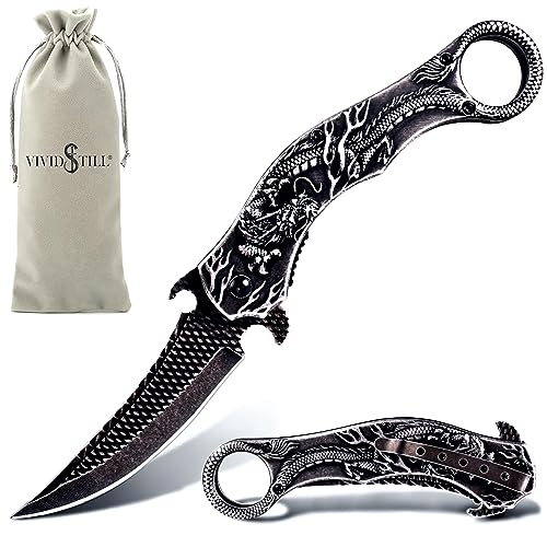 Vividstill cool Drache Klappmesser Taschenmesser für Männer, cool messer mit Titanplattiert Prägen 3D Drache, gute Geschenk Edc Messer für Männer Outdoor Überleben Camping (Schwarz) von Vividstill