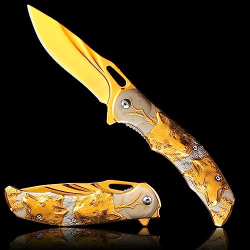 Vividstill Taschenmesser für Männer, cool golden Klappmesser mit Titanplattiert Prägen 3D Wolf, gute Geschenk Edc Messer für Männer Outdoor Überleben Camping von Vividstill