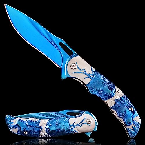 Vividstill Taschenmesser für Männer, cool blau Klappmesser mit Titanplattiert Prägen 3D Wolf, gute Geschenk Edc Messer für Männer Outdoor Überleben Camping(blau) von Vividstill