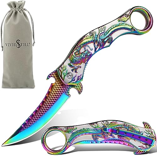 Vividstill cool Bunte Drache Klappmesser Taschenmesser für Männer, cool messer mit Titanplattiert Prägen 3D Drache, gute Geschenk Edc Messer für Männer Outdoor Überleben Camping von Vividstill