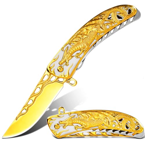 Vividstill golden Drache Klappmesser für Männer, cool Titanplattiert Prägen 3D Drache Taschenmesser, gute Geschenk Edc Messer für Männer Outdoor Überleben Camping von Vividstill