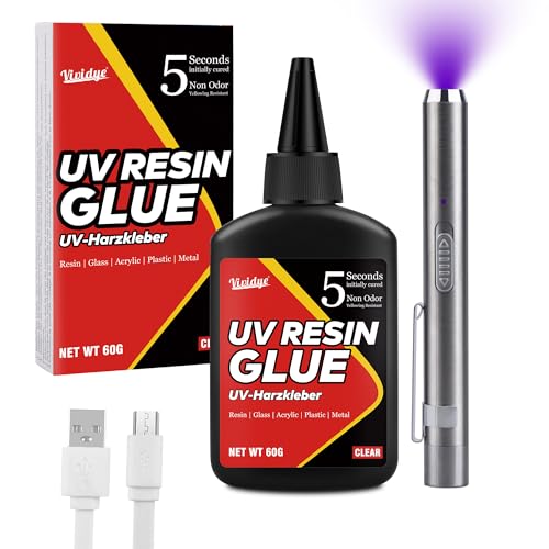 UV Resin Set mit UV Lampe, 60g UV Kleber Epoxidharz mit Wiederaufladbarer UV Taschenlampe, Aushärtung in nur 5 Sekunde, UV Harz für DIY Schmuckherstellung, Kunststoffreparatur, Glasreparatur UV Resin Set mit UV Lampe, 60g UV Kleber Epoxidharz mit Wiederaufladbarer UV Taschenlampe, Aushärtung in nur 5 Sekunde, UV Harz für DIY Schmuckherstellung, Kunststoffreparatur, Glasreparatur von Vividye