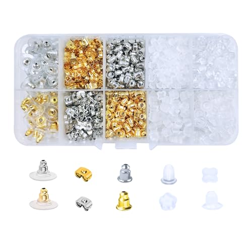 Vivixin 1080 Stück Ohrring-Verschlüsse: 10 Stile, Transparent, Silber, Gold, Kugel, Schmetterling, Topf, Bequem, Langlebig, Passend für alle Ohrringe, Inkl. Kunststoff-Box mit 10 Fächern von Vivixin