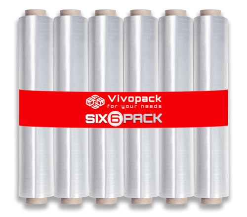 Vivopack Stretchfolie - 6 Stück - Verpackungsfolie auf Rolle, Folie für Möbel, Stretchfolienrolle 50cm, 23μm, 250m, Umzug Schutzfolie, Wickelfolie Stretchfolie für Paletten, Umzugsfolie für Möbel von Vivopack