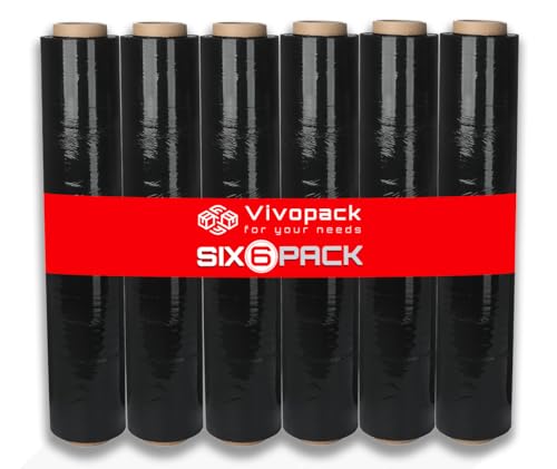 Vivopack Stretchfolie schwarz - 6 Stück - Verpackungsfolie auf Rolle, Stretchfolienrolle, 50 cm, 23μm, 250m, Schwarze Folie Selbstklebend, Wickelfolie Stretchfolie für Paletten, Umzugsfolie von Vivopack