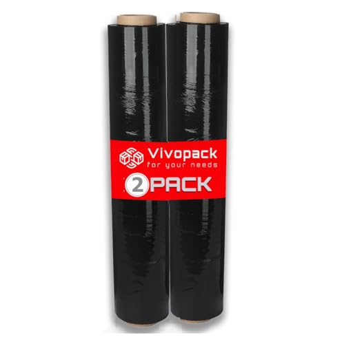 Vivopack Stretchfolie schwarz - 2 Stück - Verpackungsfolie auf Rolle, Stretchfolienrolle, 50 cm, 23μm, 250m, Schwarze Folie Selbstklebend, Wickelfolie Stretchfolie für Paletten, Umzugsfolie von Vivopack