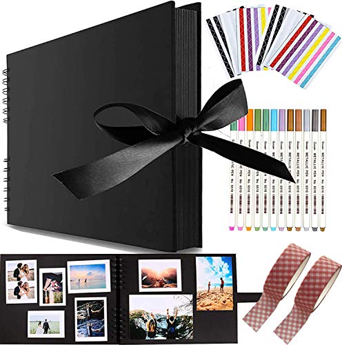 Viwril DIY Scrapbook, 80 Seiten, Fotoalbum, Erinnerungsbücher, 30.5 x 20.3 cm, A4 Bastelpapier, DIY handgefertigtes Album mit 12 metallischen Markern Stiften für Jahrestag, Reisen, Geschenk (schwarz) von Viwril
