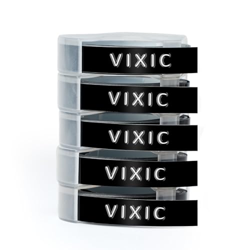 Vixic Prägegerät Etiketten kompatibel mit Dymo Prägeband 9mm Schwarz, Selbstklebendes 3D Omega Etikettenband Schwarz, Kunststoff-Prägeetiketten für Omega Junior Prägegerät, 5 Rollen von Vixic