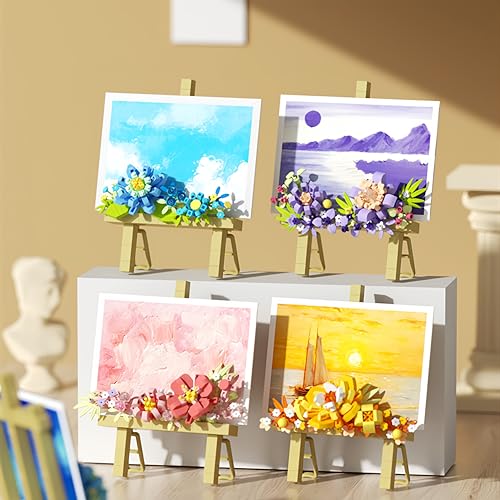 VizBrou Blumenstrauß Staffelei Bausteine Bausatz, 326 Teile Botanisch künstliche Pflanzen Mini Ziegelsteine Sammlung Spielzeug für Message Sticker mit Stand, Geschenk für Mädchen von VizBrou
