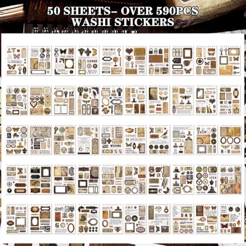Vjsujehgy 50 Stück Vintage Journaling Scrapbooking Supplies Scrapbook Sticker, Braunes Vorgeschnittenes Vintage Washi Stickerbuch von Vjsujehgy