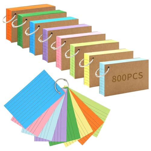 Vjsujehgy 800-Teiliges Set Farbiger Karteikarten im Format 7,6 X 12,7 cm mit Ringen, Liniertes Karteikarten-Set, Linierte Notizkarten für Notizen von Vjsujehgy