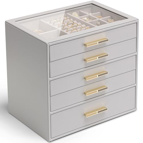 Vlando 5-lagige Schmuckschatulle für Damen, Glasdeckel, Schmuck-Organizer mit 5 Schubladen für Halsketten, Ringe, Ohrringe, Armbänder – Grau Vlando 5-lagige Schmuckschatulle für Damen, Glasdeckel, Schmuck-Organizer mit 5 Schubladen für Halsketten, Ringe, Ohrringe, Armbänder – Grau von Vlando