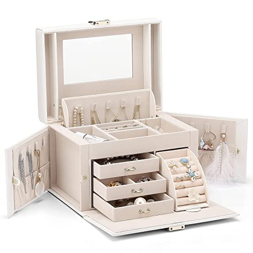 Vlando Schmuckschatulle mit Spiegel und Verschluss, Schmuckschatulle aus Leder für Armbänder, Ohrringe, Ringe, Halsketten, Uhren, Geschenk zum Muttertag (Perlweiß) Vlando Schmuckschatulle mit Spiegel und Verschluss, Schmuckschatulle aus Leder für Armbänder, Ohrringe, Ringe, Halsketten, Uhren, Geschenk zum Muttertag (Perlweiß) von Vlando
