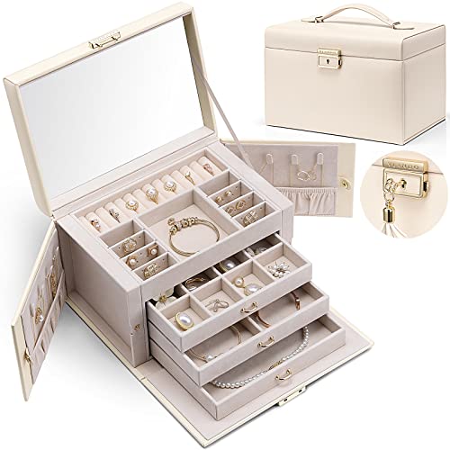 Vlando Baroches Schmuckkästchen aus Leder für Damen, große Schmuckschatulle mit 4 Ebenen, abschließbare Schmuckschatulle für Damen, Schmuckaufbewahrung mit Schubladen für Armbänder, Ringe, Ketten Vlando Baroches Schmuckkästchen aus Leder für Damen, große Schmuckschatulle mit 4 Ebenen, abschließbare Schmuckschatulle für Damen, Schmuckaufbewahrung mit Schubladen für Armbänder, Ringe, Ketten von Vlando