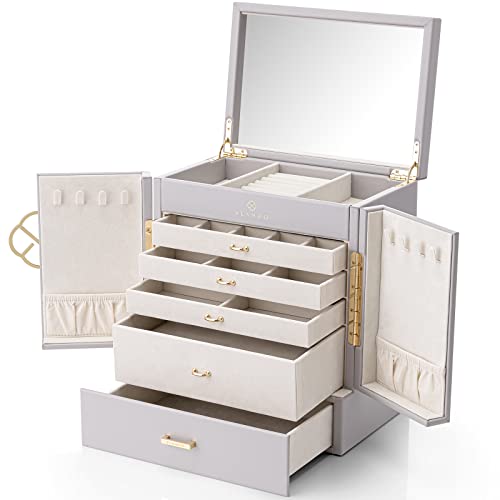 Vlando Große 5-lagige Schmuckschatulle, PU-Leder Schmuck-Organizer mit abnehmbarem Schmucktablett für Halskette, Ohrringe, Ringe, Armbänder, Schmuckaufbewahrung, Vitrine für Frauen, Geschenk, Grau Vlando Große 5-lagige Schmuckschatulle, PU-Leder Schmuck-Organizer mit abnehmbarem Schmucktablett für Halskette, Ohrringe, Ringe, Armbänder, Schmuckaufbewahrung, Vitrine für Frauen, Geschenk, Grau von Vlando