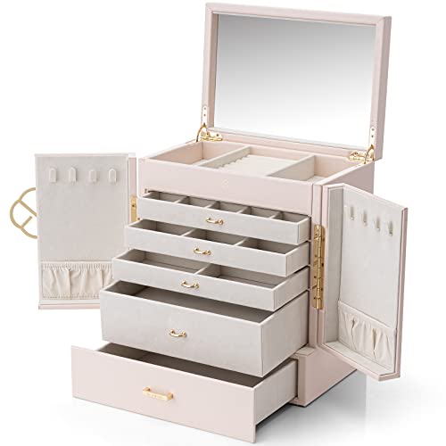 Vlando Große 5-lagige Schmuckschatulle, PU-Leder Schmuck-Organizer mit abnehmbarem Schmucktablett für Halskette Ohrringe Ringe Armbänder Schmuckaufbewahrung Vitrine für Frauen Geschenk, Aprikosenweiß Vlando Große 5-lagige Schmuckschatulle, PU-Leder Schmuck-Organizer mit abnehmbarem Schmucktablett für Halskette Ohrringe Ringe Armbänder Schmuckaufbewahrung Vitrine für Frauen Geschenk, Aprikosenweiß von Vlando