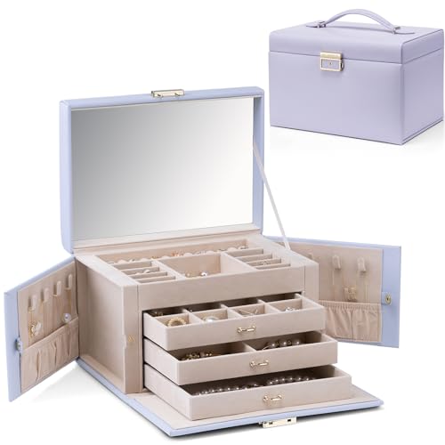 Vlando Große Schmuckschatulle für Damen, hochwertige PU-Leder-Spiegel-Schmuckkästchen mit 3 Schubladen, Schloss-Schmuckaufbewahrung, Ohrringe, Ringe, Halsketten, Armbänder, Uhren-Organizer, Violett Vlando Große Schmuckschatulle für Damen, hochwertige PU-Leder-Spiegel-Schmuckkästchen mit 3 Schubladen, Schloss-Schmuckaufbewahrung, Ohrringe, Ringe, Halsketten, Armbänder, Uhren-Organizer, Violett von Vlando