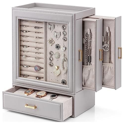 Vlando Großer Schmuck-Organizer mit Glasfenster, Schmuckschatulle für Halsketten, Ohrringe, Ringe, Armbänder, Uhren, Schmuckaufbewahrung, Geschenk für Frauen und Mädchen (grau) von Vlando