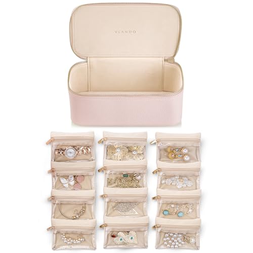 Vlando Lehrergeschenke für Frauen, Schmuckschatulle mit 12 Samt-Schmuckbeuteln, Reise-Schmucketui für Mädchen, Schmuck-Organizer für Reisende, Geburtstagsgeschenkideen für Frauen (Rosa) von Vlando