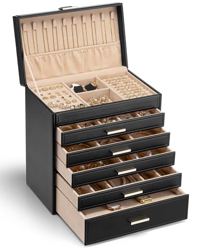 Vlando Modern Schmuckkasten Groß, Schmuckkästchen mit 6 Ebenen, Geräumige Schmuckschatulle Damen, für Ohrringe, Ringe Schmuck Aufbewahrung, mit Schubladen, Spiegel, Uhrenkissen, Geschenkidee, Schwarz Vlando Modern Schmuckkasten Groß, Schmuckkästchen mit 6 Ebenen, Geräumige Schmuckschatulle Damen, für Ohrringe, Ringe Schmuck Aufbewahrung, mit Schubladen, Spiegel, Uhrenkissen, Geschenkidee, Schwarz von Vlando