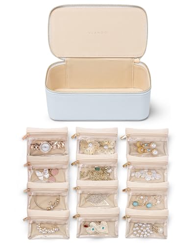 Vlando Reise-Schmuck-Organizer, PU-Leder-Schmuckschatulle mit 12 Samt-Schmuckbeuteln, Schmucketui für Halskette, Ring, Geschenke für Frauen, Babyblau, L Vlando Reise-Schmuck-Organizer, PU-Leder-Schmuckschatulle mit 12 Samt-Schmuckbeuteln, Schmucketui für Halskette, Ring, Geschenke für Frauen, Babyblau, L von Vlando