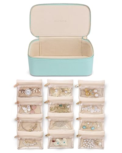 Vlando Reise-Schmucketui, Schmuck-Reise-Organizer für 12 Samt-Schmuckbeutel, Schmuckschatulle für Reisende, Frauen, Mädchen, Weihnachten, Geburtstag, trendiges Material, Seeblau Vlando Reise-Schmucketui, Schmuck-Reise-Organizer für 12 Samt-Schmuckbeutel, Schmuckschatulle für Reisende, Frauen, Mädchen, Weihnachten, Geburtstag, trendiges Material, Seeblau von Vlando