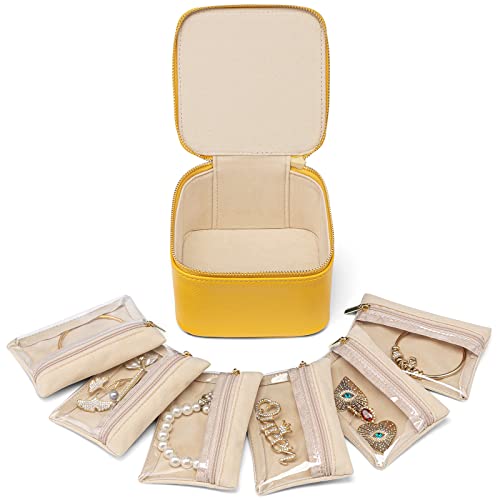 Vlando Reise-Schmuckschatulle, kleine Schmucktasche mit 6 Samt-Reißverschlusstaschen, Kunstleder-Schmuck-Organzier für Frauen und Mädchen, Geschenk-Box-Verpackung, Gelb von Vlando
